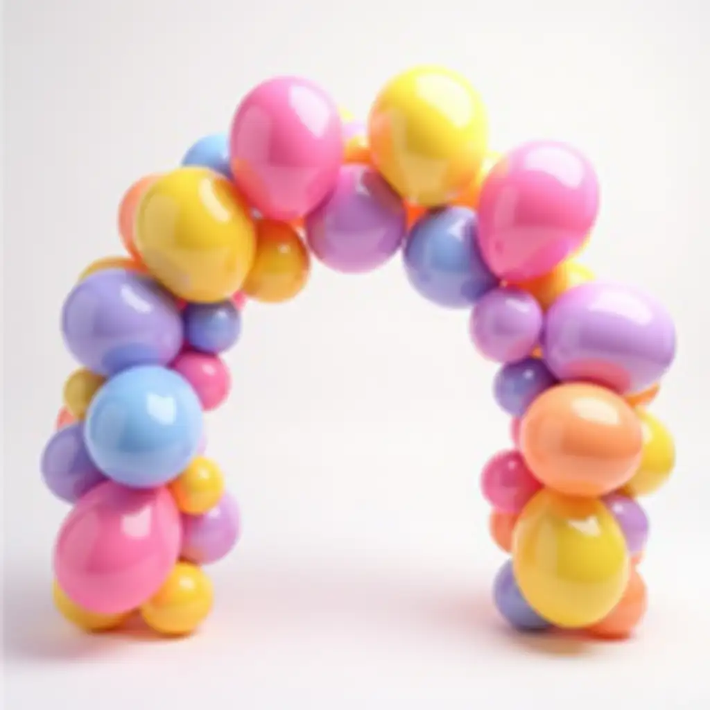 A festive and colorful 2D ILLUSTRATION of a grand balloon arch made from bright pink, yellow, blue, and purple balloons. The balloons are glossy and round, arranged in a perfect arch. The background is a plain background.