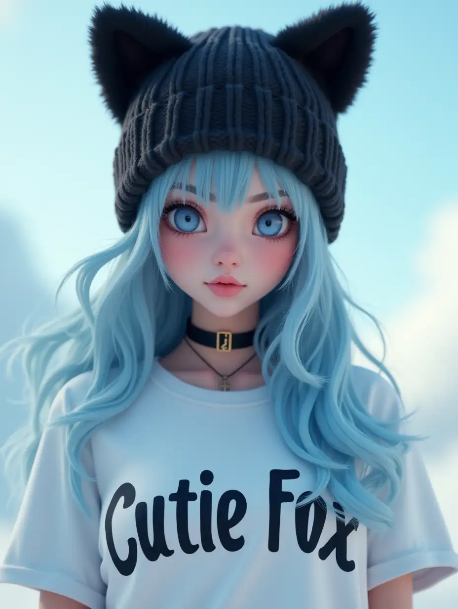 Highly ultra detailed textures, digital art, 8k unreal engine photorealism, Beautiful realistic girl, beautiful fashion, beautiful realistic light blue long hair, beautiful realistic black makeup, beautiful realistic face, beautiful realistic light blue eyes, beautiful realistic photo, White T-shirt, close up, sky background, black winter hat with cat ears. A woman wearing a stylish t-shirt that reads “Cutie Fox”