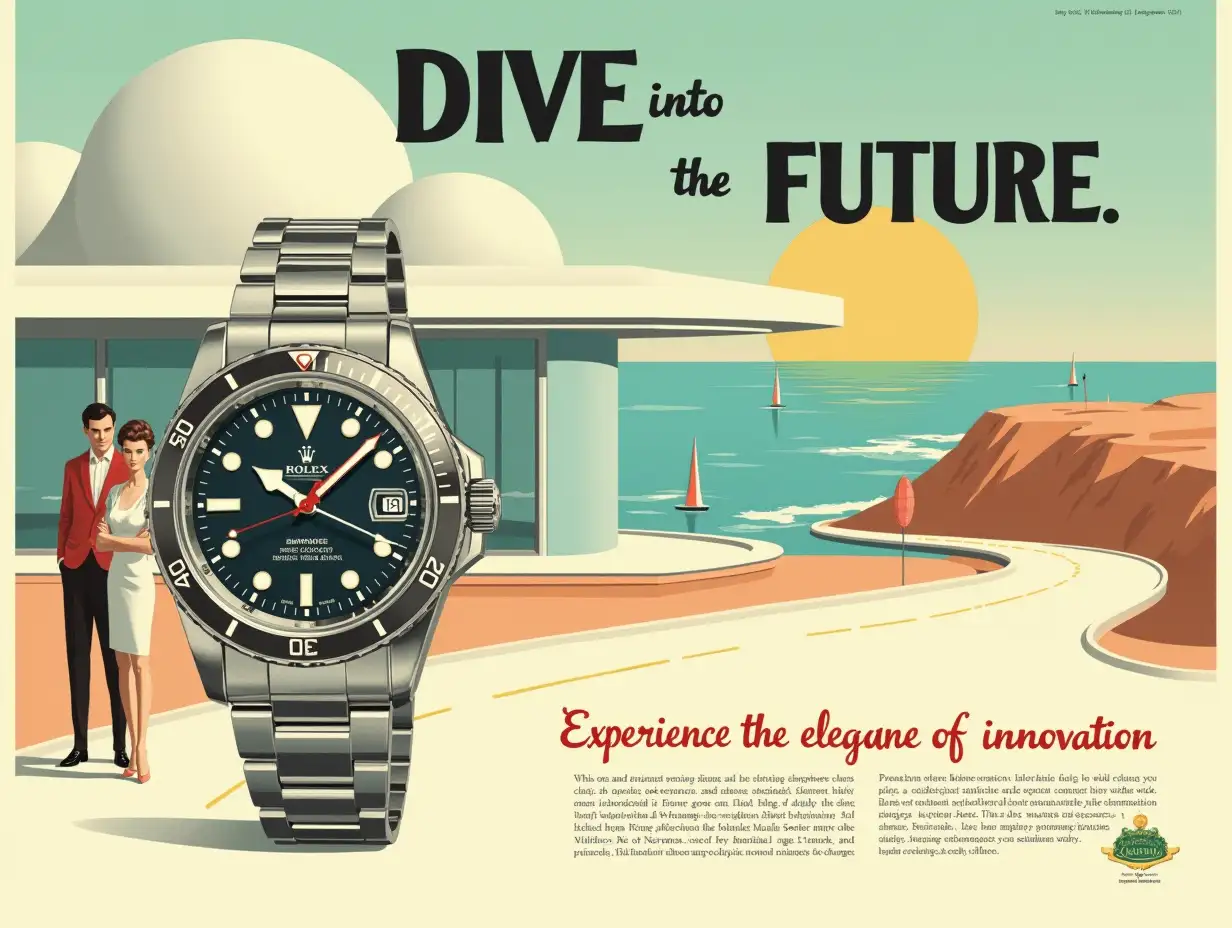 A highly stylized vintage wristwatch advertisement from the early 1960s in a midcentury modern aesthetic. A submariner style watch is the centerpiece. The watch is presented in front of a retro-futuristic diner with a Googie-style roof and large, glass windows reflecting a pastel sunset. The background features an open road winding along a scenic coastal cliff, with gentle waves and sailboats in the distance. The color palette is harmonious and sophisticated, blending muted teals, pastel oranges, and creamy whites for a modern yet nostalgic feel. A stylish couple dressed in sharp, 1960s fashion stands nearby, exuding luxury and aspiration. The tagline, written in bold Futura font, reads: ‘Dive into the Future.’ Additional small text in a playful script font says: ‘Experience the elegance of innovation.’ The overall composition is minimalist, with ample negative space and clean, geometric design elements reflecting the midcentury aesthetic.