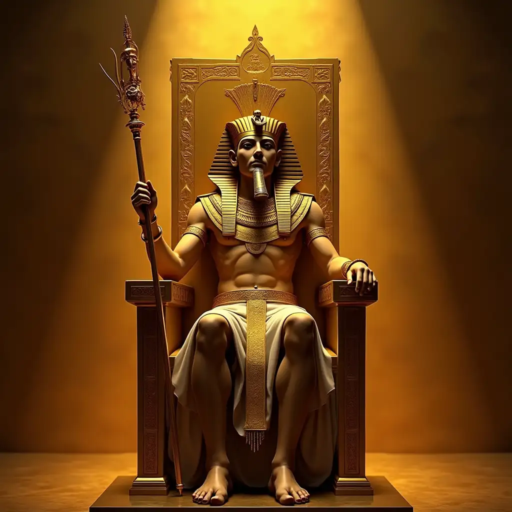 Pharaoh of Egypt on a golden throne and with a golden scepter in hand
