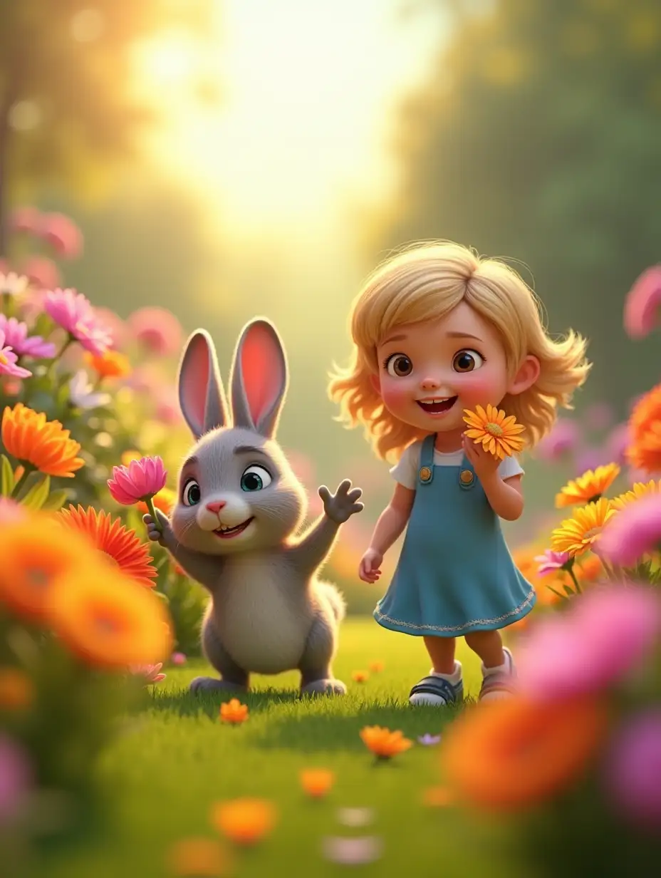 A stunning 3D render of Mia and Binky, two adorable characters, picking a variety of bright and colorful flowers in a lush, vibrant garden. Mia, with her blonde hair and blue dress, is a cheerful, energetic girl. Binky, a cute and friendly rabbit, hops around happily, following Mia's lead. The garden is filled with a kaleidoscope of colors, and the sun casts a warm, golden light on the scene. The overall atmosphere is joyful and vivid, perfect for a cinematic family film.