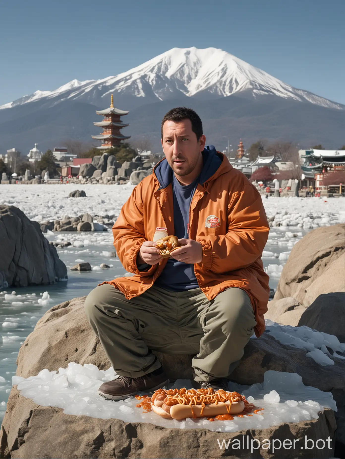 Adam Sandler, sitting on a big rock, eating a chili dog, with melting ice caps and Japanese temples in background