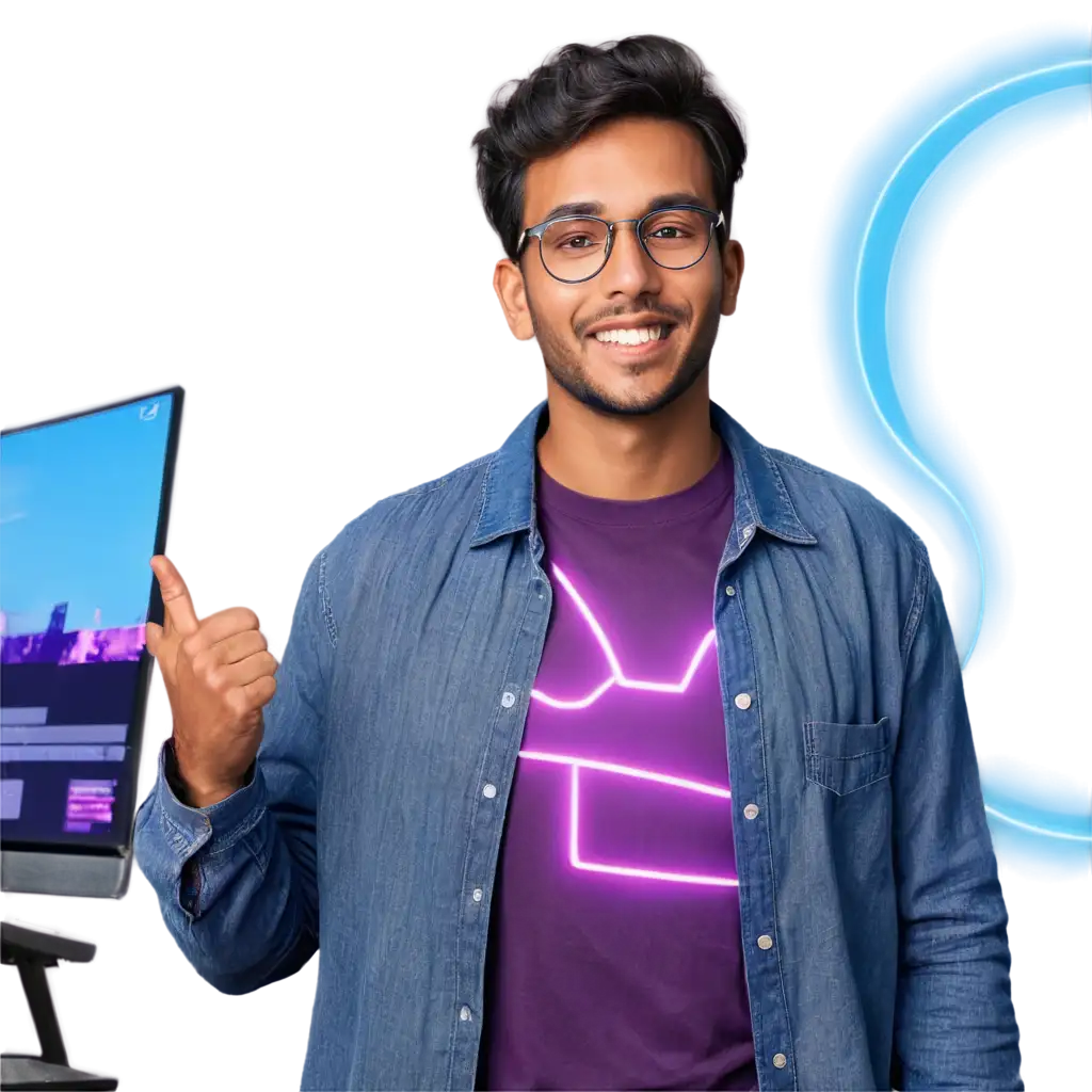 Professional-Video-Editor-Portrait-PNG-South-Asian-Man-with-Tech-Symbols-Neon-Lights-and-HighTech-Environment