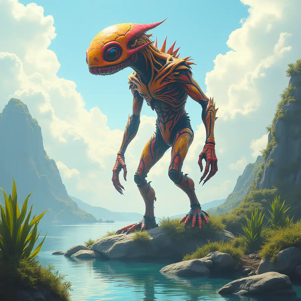 extraterrestrial creature 3 meters tall, colorful on a rock, large plants, water, clouds