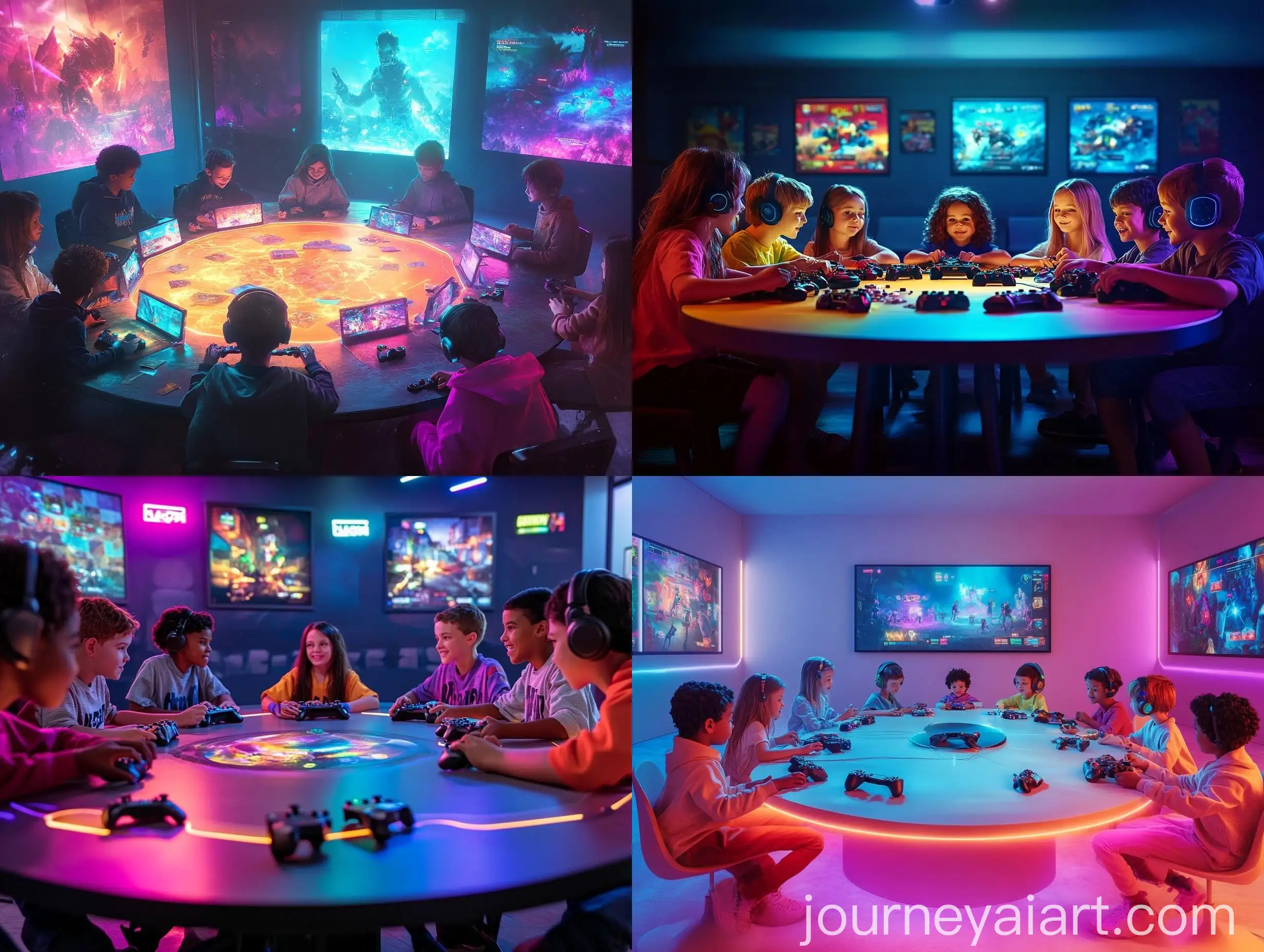 Diverse-Children-Engaged-in-Video-Games-at-Round-Table