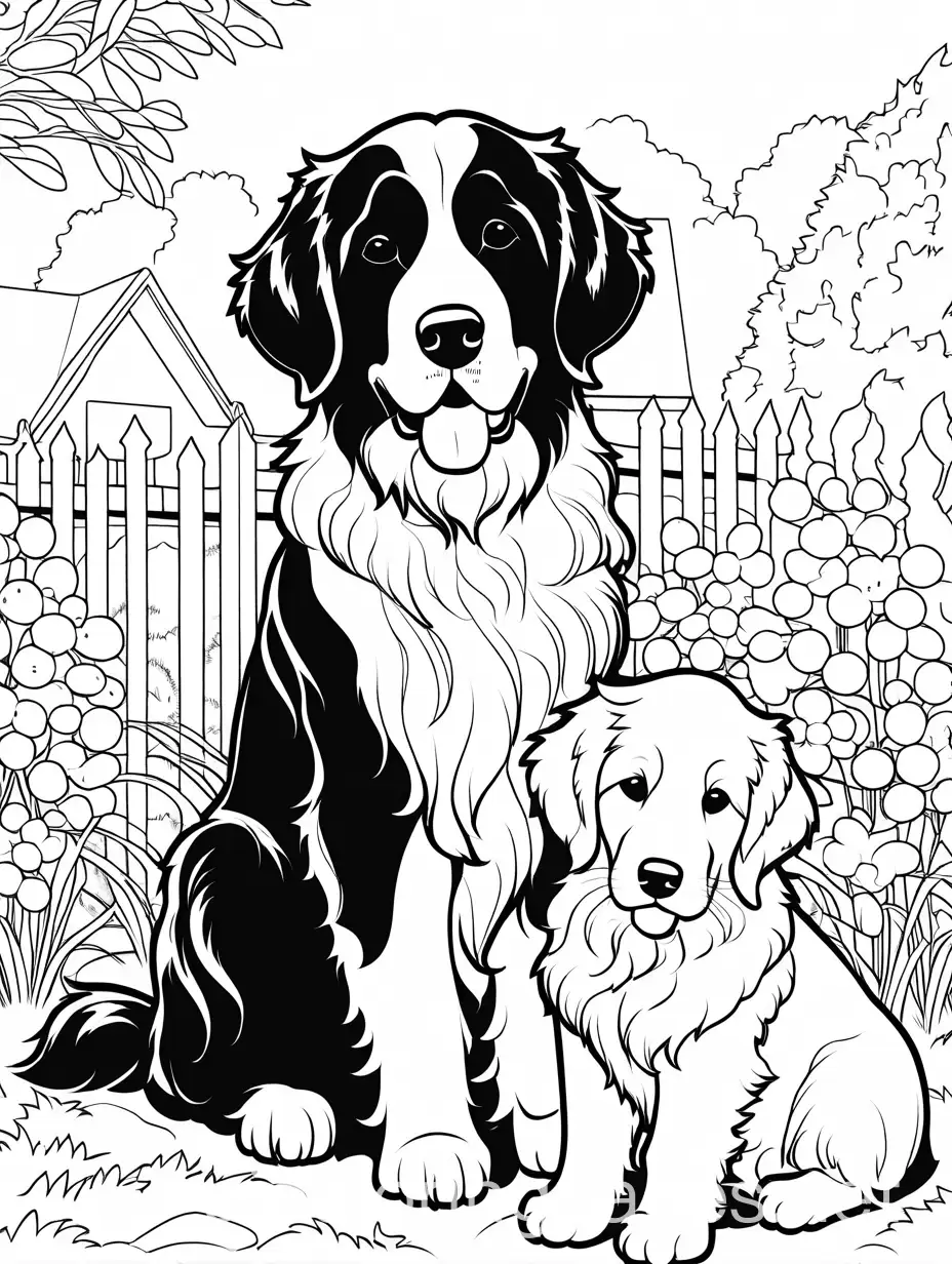 Black-and-White-Kids-Coloring-Book-Momma-and-Baby-Fluffy-Saint-Berdoodles-in-the-Yard