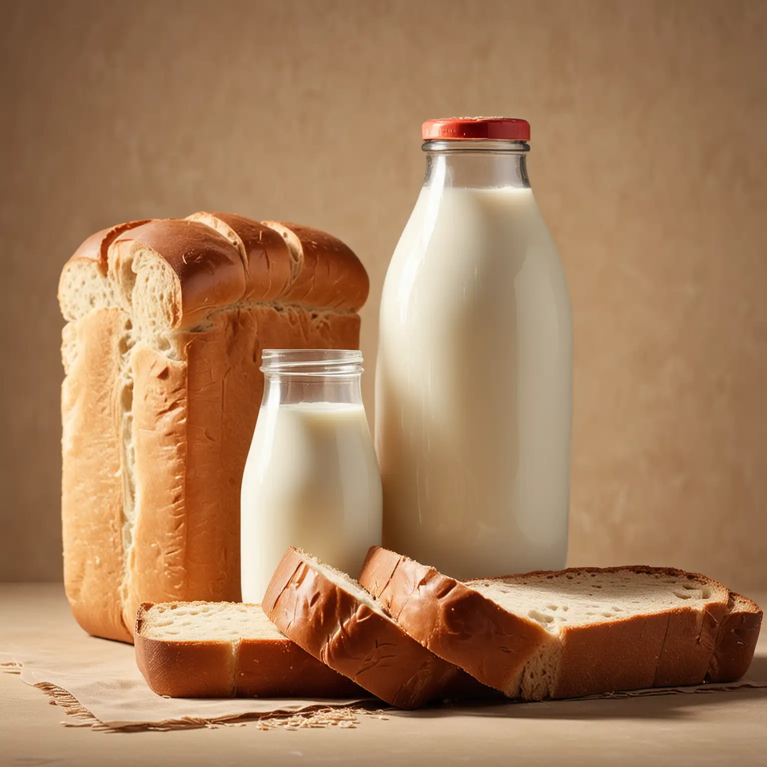 Bottle-of-Milk-and-Loaf-of-Bread-on-Light-Brown-Background