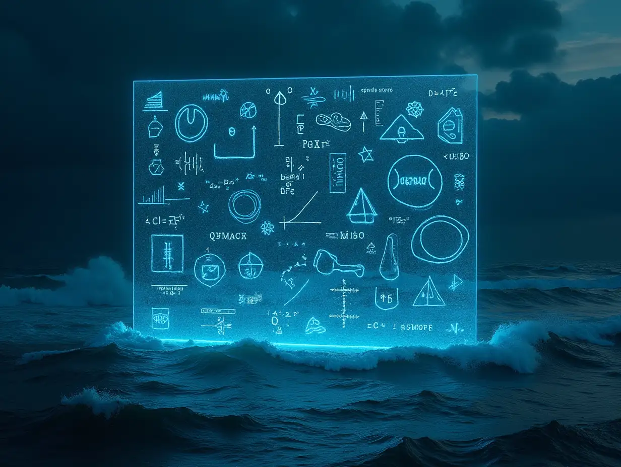 Surreal-Glass-Wall-with-Blue-Mathematical-Formulas-and-Hieroglyphs-Over-Stormy-Sea