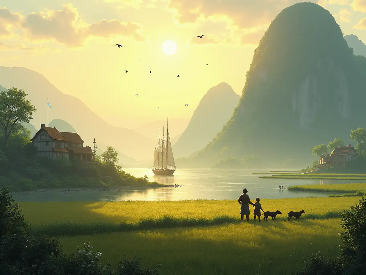 A small village with high hill in front of the village a huge river with sailing boat & steamer. In the morning sun shine. Birds are flying farmers are going to the paddy field dogs are behind the farmers. plz. do more realistic