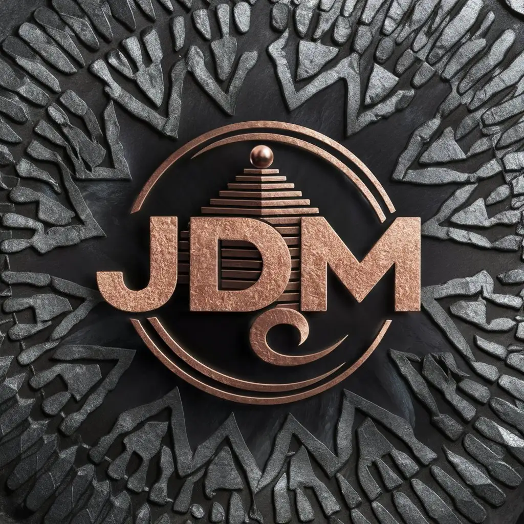 LOGO Design For JDM Intricately Engraved Iron and Copper Logo with Spiral Sun Theme on Black Background