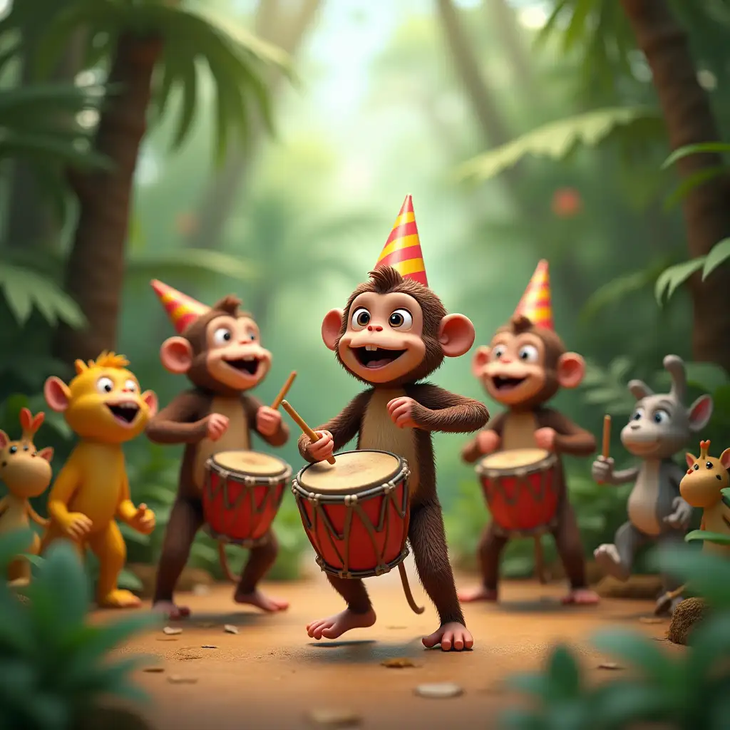 Monkey are drumming and dancing 3d on  birthday in the jungle with all the animals