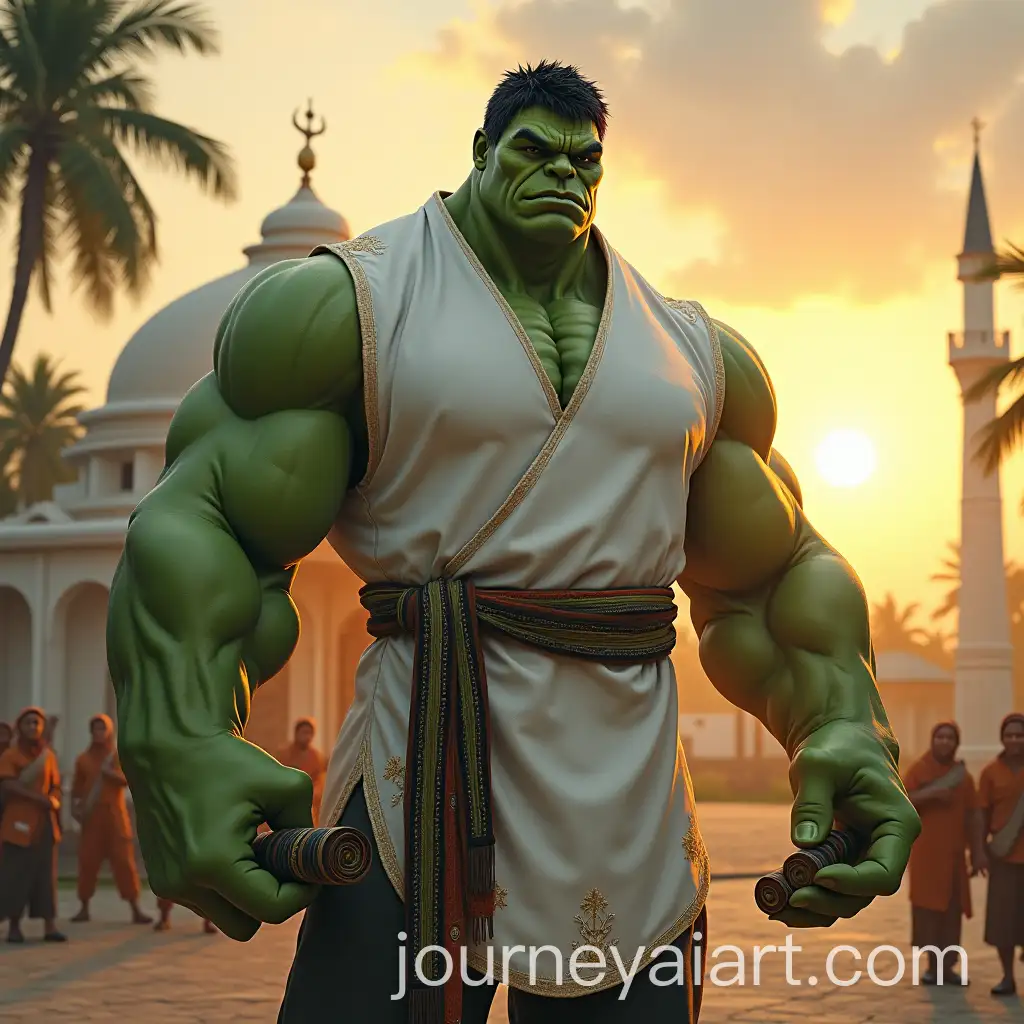 Hulk-in-Traditional-Indonesian-Muslim-Attire-at-Sunset-by-Mosque