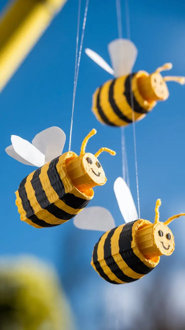 Macro shot of three adorable egg carton bees hanging from thin clear threads, yellow and black stripes painted on egg carton sections, white paper wings glued to backs, tiny black marker smiles, set against a bright blue sky background, sunny day, shallow focus on bees, whimsical, playful style.