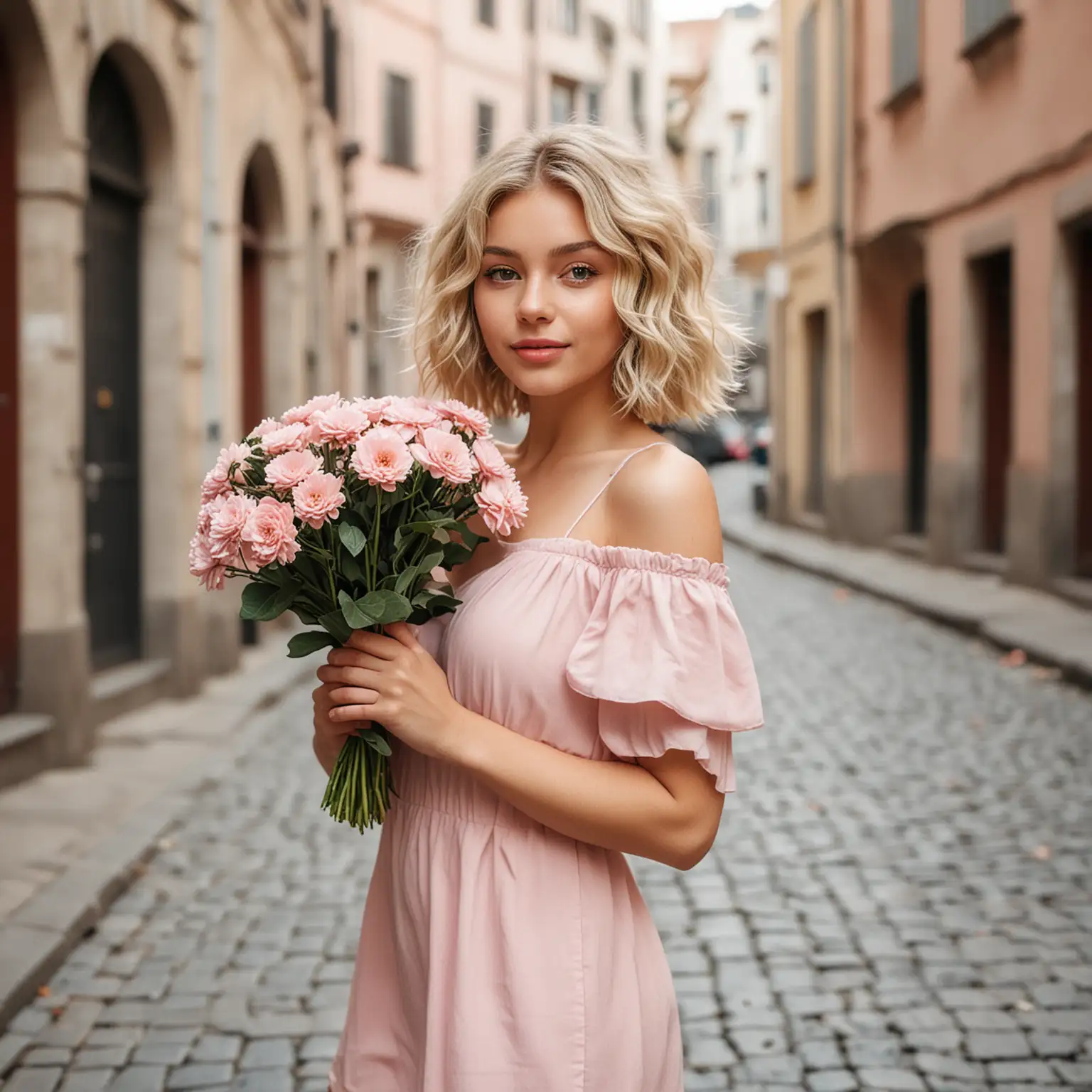 Stylish-Young-Woman-with-Bouquet-in-European-Street