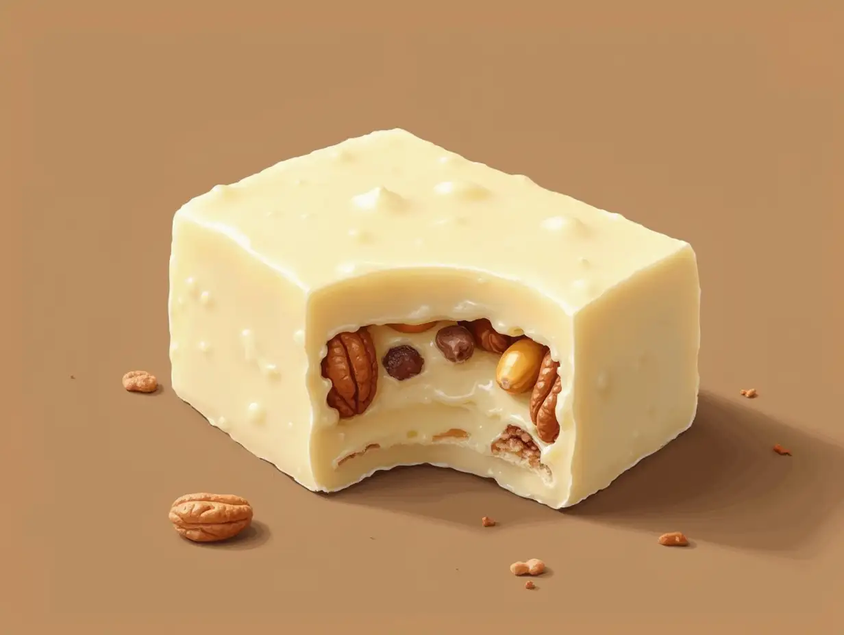 a square piece of white Nougat from france with nuts inside, also called Turrón in Spain;