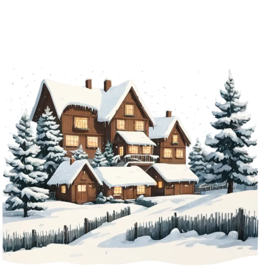 Snowy-Village-Houses-with-Fir-Trees-and-Garlands-PNG-HighQuality-Christmas-Winter-Landscape-Image