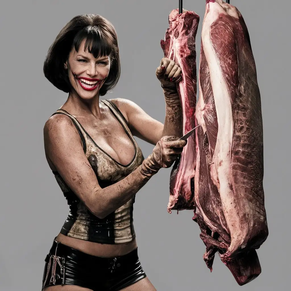 Seductive-Woman-Carving-Meat-in-Grimy-Environment