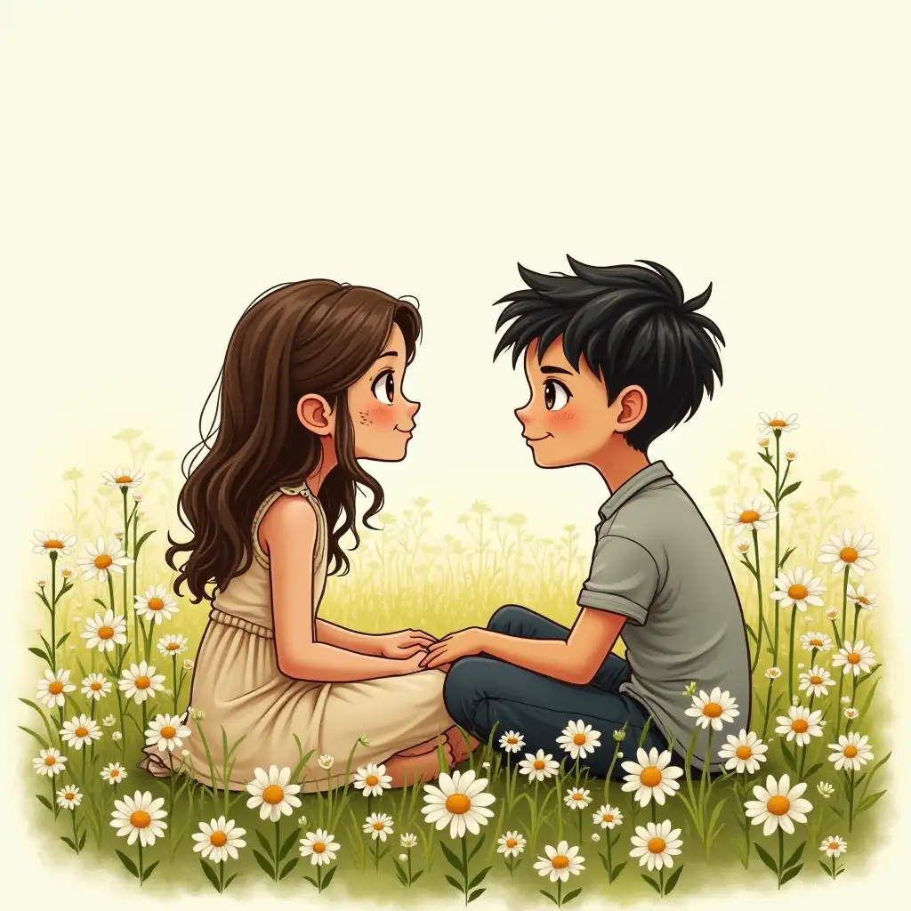 Draw a picture of a chamomile field. And on the field sit two people, a girl and a boy, 14 years old, the girl has long hair, loose hair, black eyes, big eyelashes and a mole on her right cheek, she is wearing a dress, very beautiful, brunette, next to her sits a boy with a beautiful haircut, black hair, olive eyes and Black, long eyelashes, in a casually dressed shirt and trousers, they look at each other and talk