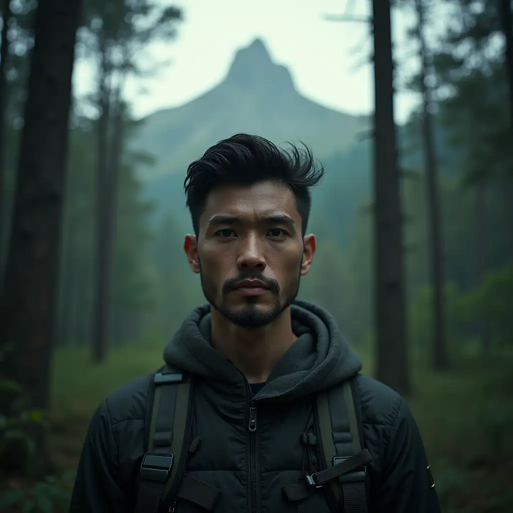 A 75mm realistic photo portrait of a man against a small mountain in the forest, he is one of the gang members, the overall image has a cinematic 3D rendering style and is inspired by cinematic techniques, wildlife photography, traditional painting techniques such as ukiyo-e and various artistic techniques