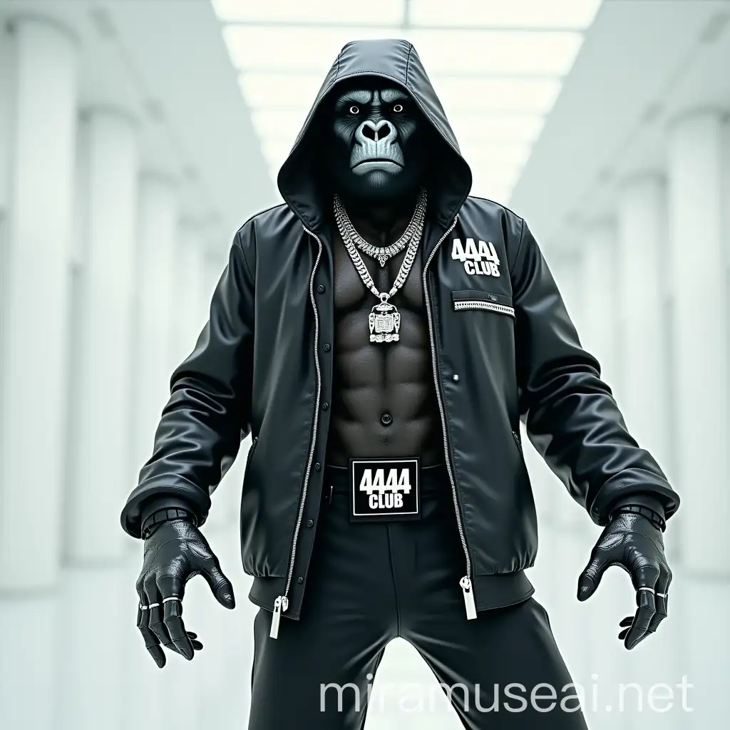 Futuristic Cyberdemon Gorilla in 444CLUB Suit and Carbon Raincoat