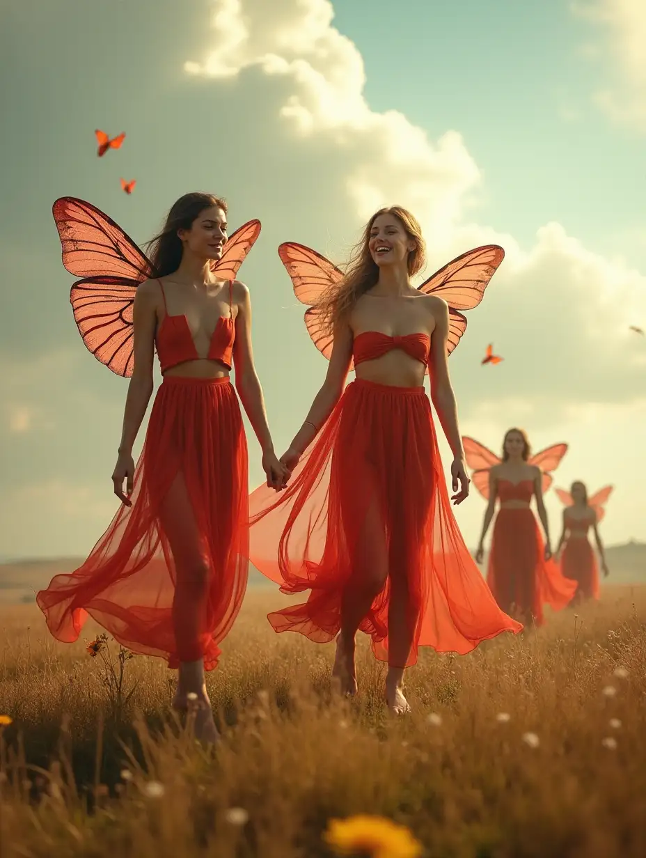 Distance image, winged fairies, giants and wizzards on a field. Fairy women are wearing transparent, open cute, unbuttoned red clothes. They are inspired by the styles of Ash Thorp, Ian McQue and Loish. They are smiling and flying in the air among the clouds with their fairy wings.