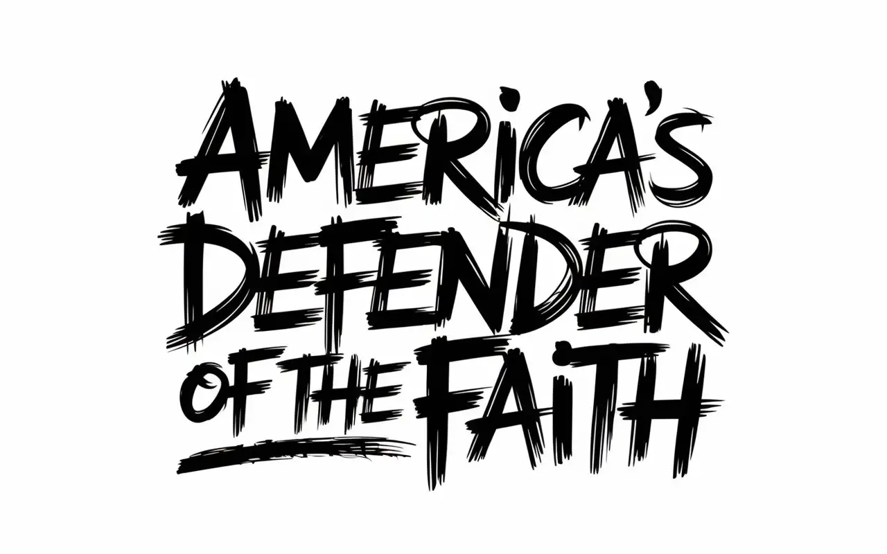 black messy and childish handwritten manuscript writing saying 'America's Defender Of The Faith' in a single line on a white back ground