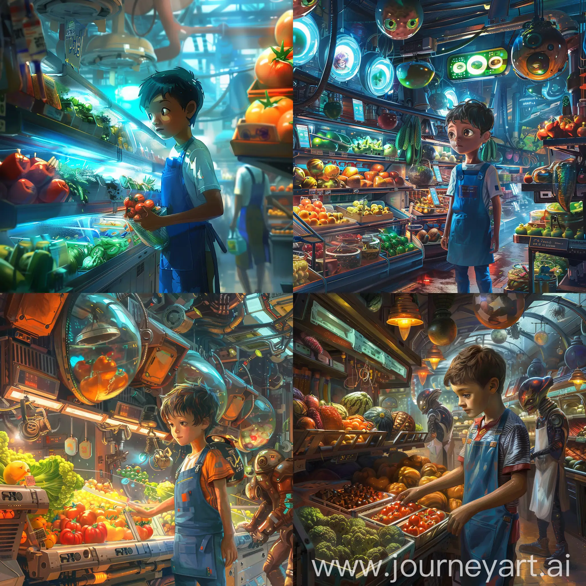 Young-Boy-in-Futuristic-Martian-Grocery-Store-with-Alien-Customers-and-Glowing-Fruits