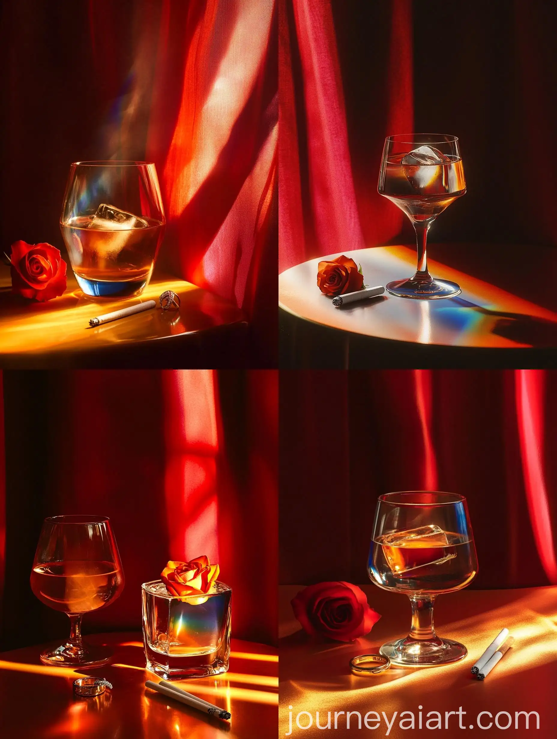 Romantic-Cocktail-Setting-with-Red-Curtains-and-Rose