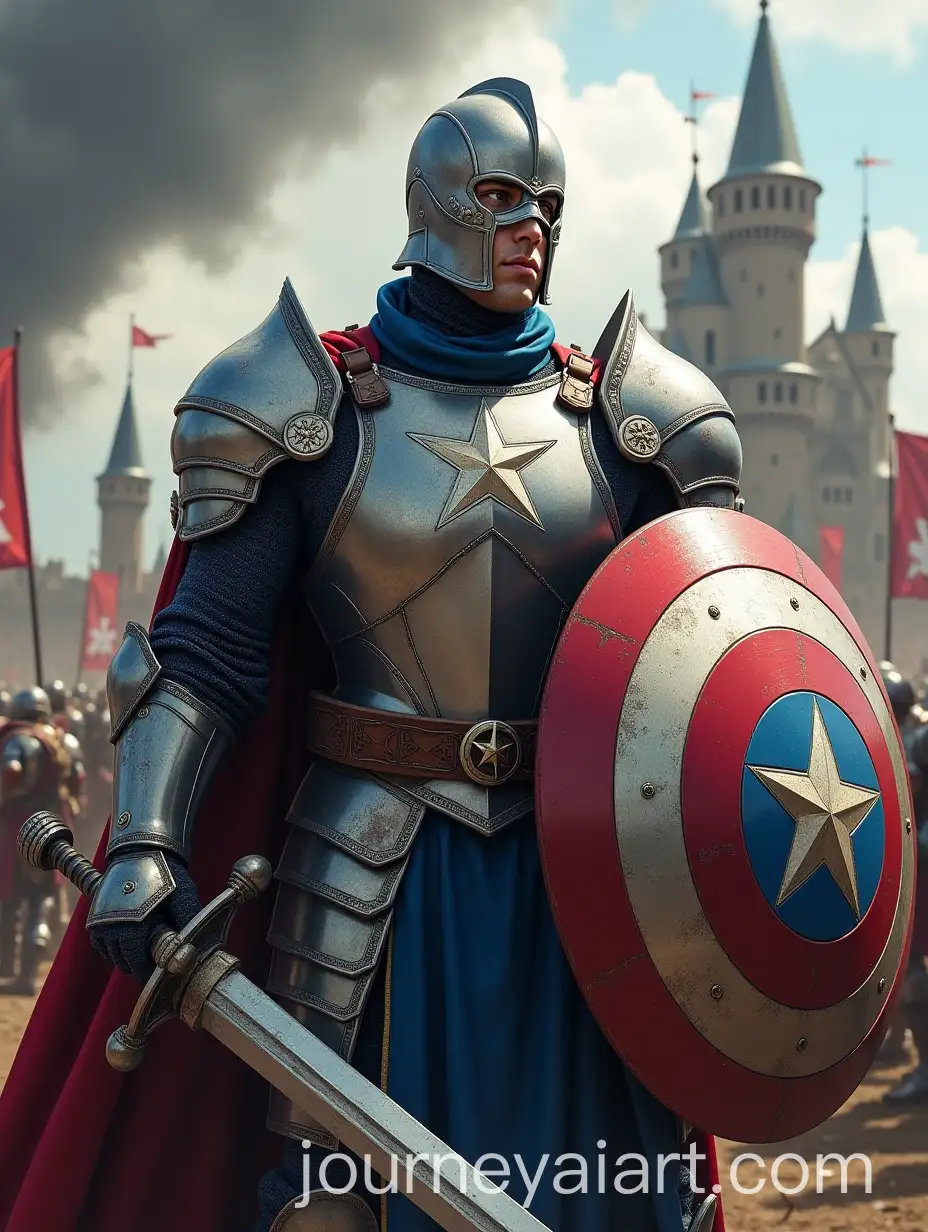 Heroic-Medieval-Knight-with-Shield-and-Sword-on-Battlefield