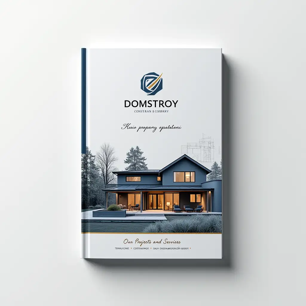 Design an image of a sleek and modern catalog cover for the construction company 'Domstroy.' The catalog should feature an elegant, professional layout with a clean design. On the cover, showcase a beautifully designed home or cottage built by the company, with clean lines and high-quality materials. The company’s logo, 'Домстрой,' should be prominently displayed at the top or center, using bold, professional typography. Incorporate subtle accents of blue and gold in the design to represent trust, quality, and luxury. The background should include a minimalistic layout with architectural elements, such as blueprints or sketches, blending into the scene. Add the text 'Наши проекты и услуги' (Our Projects and Services) to highlight the catalog's content