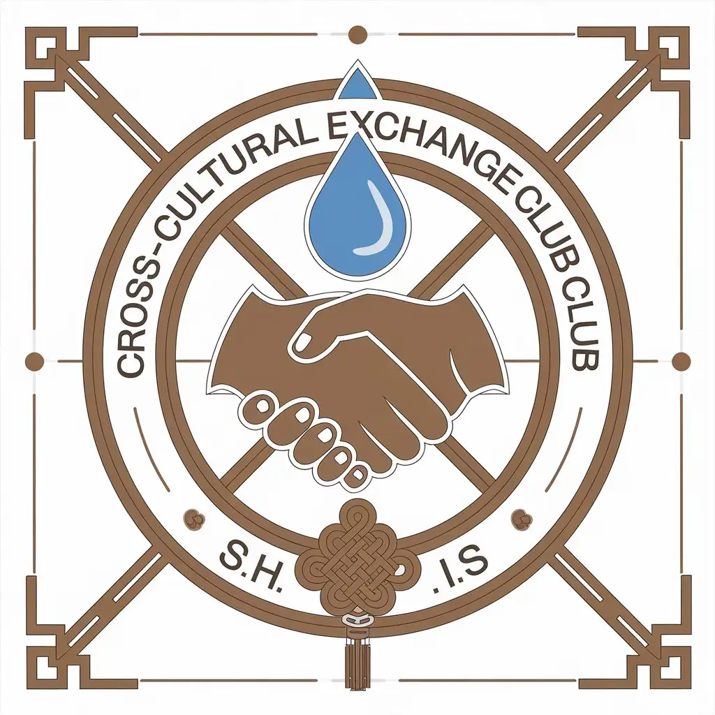 a vector logo design,with the text "Cross-cultural exchange club S.H.I.S", main symbol:handshake, water, knot (Chinese knot),complex,clear background