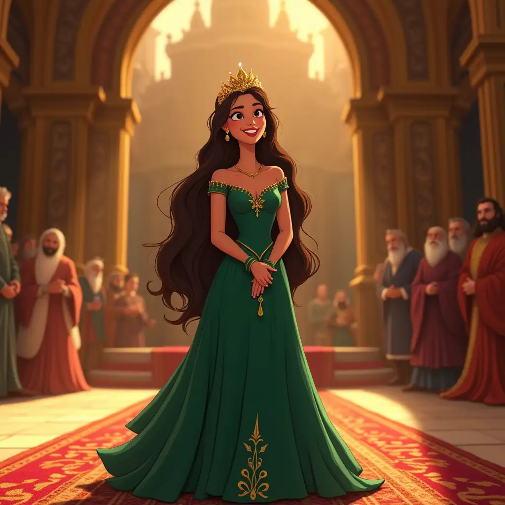 Create a Disney-Pixar-style cartoon illustration of Esther standing on a grand stage in the royal palace after winning the contest. She wears a stunning Persian gown in deep emerald green with gold trim, her long hair flowing elegantly. A sparkling crown rests on her head, symbolizing her victory. The palace is lavish, with golden pillars, intricate carpets, and soft, warm light. Esther’s expression is one of joy, gratitude, and triumph as she gazes towards the king, who looks proud and approving.