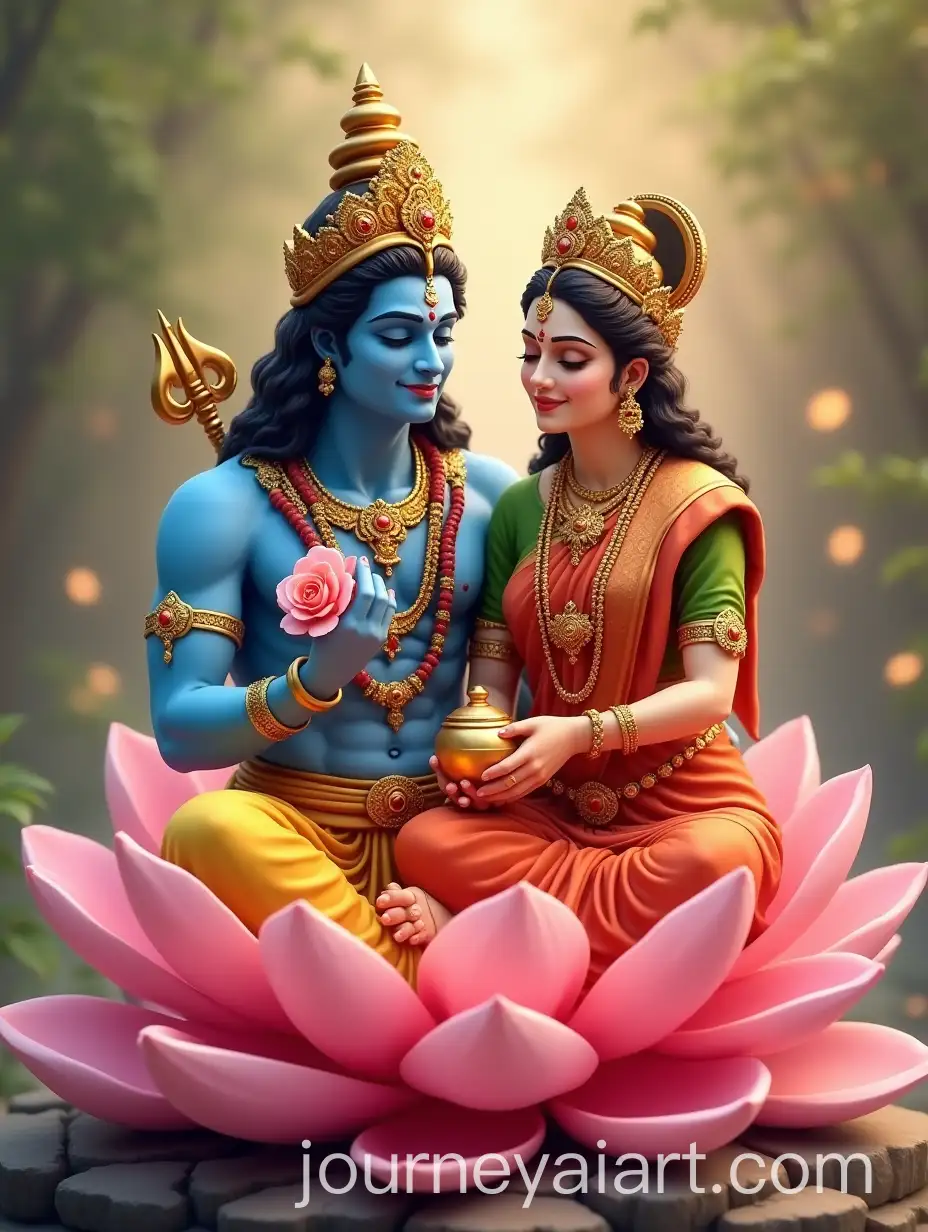 Hindu-Gods-Vishnu-and-Lakshmi-on-Pink-Lotus-with-Divine-Symbols