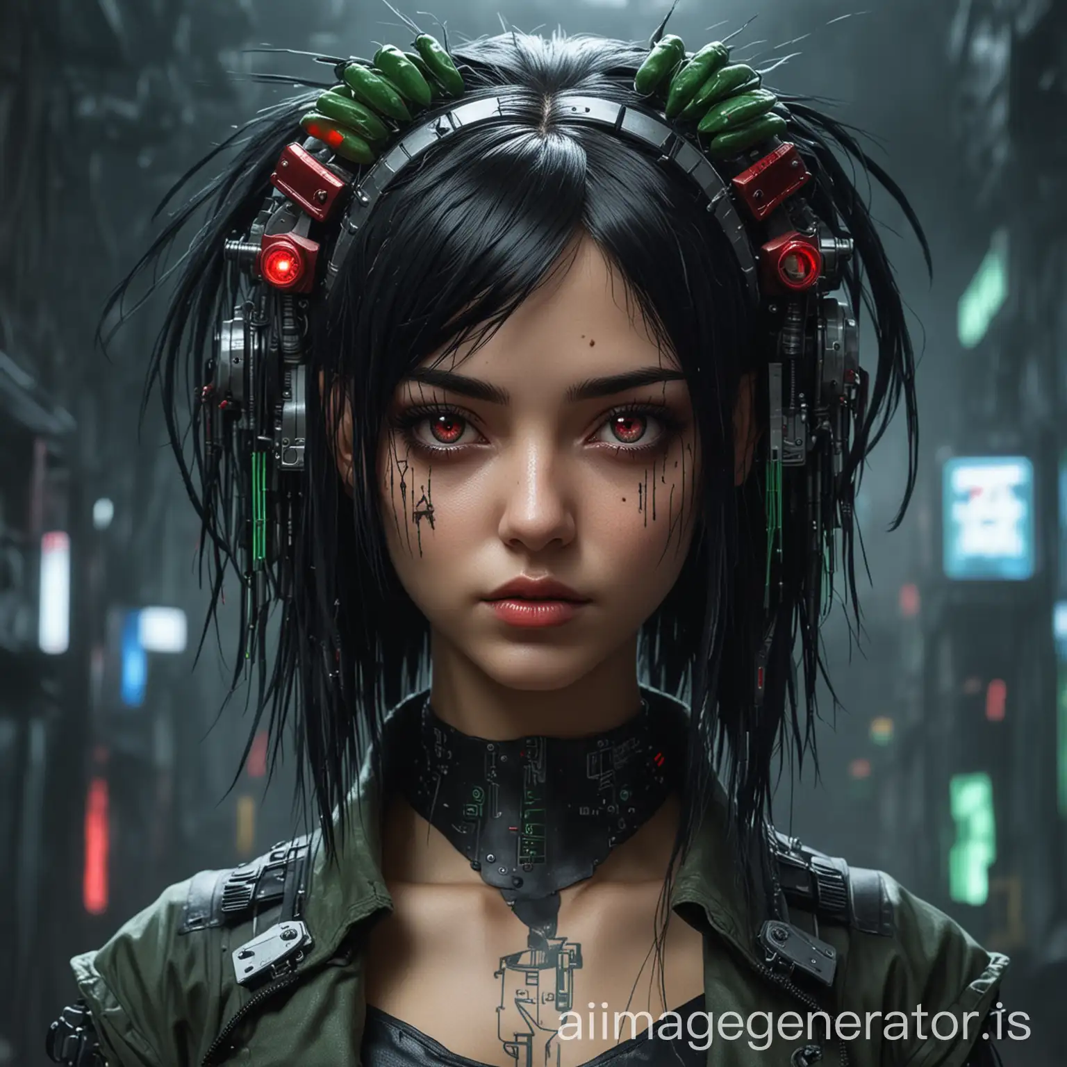 CYBERPUNK GIRL WITH BLACK HAIRE AND GREEN AYES WITH RED NECK