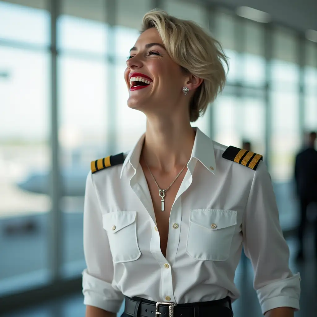 white norvegian pilot lady, in white deep-necked pilot shirt, laughing with her mouth open, red lipstick accentuating her smile,belt on waist, big wide hips, chest are fully grown, jewerly, short hair, HD, enjoing at airport , photo-realism