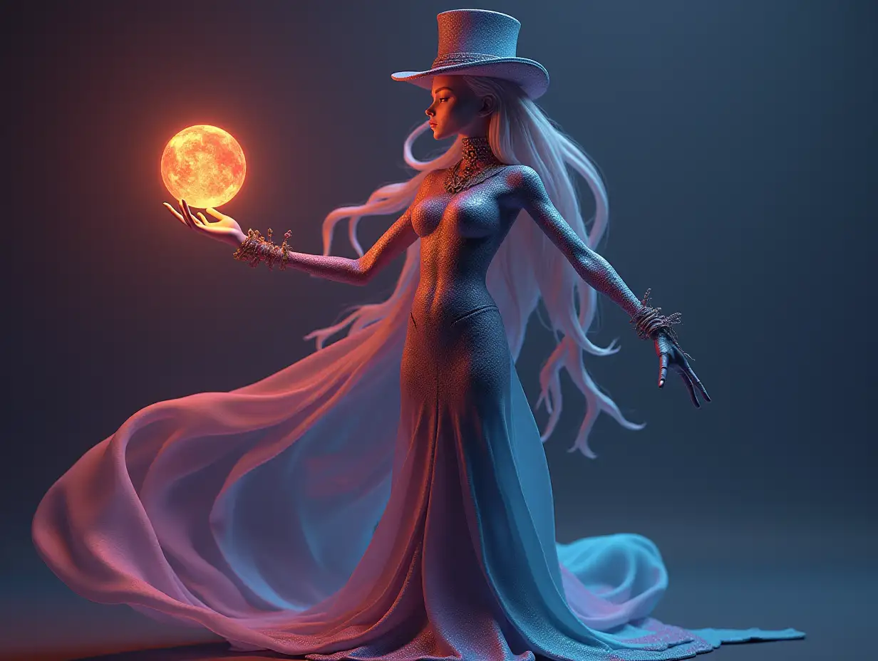 a very long 3-D female figure with very thin legs and very long thin arms with top hat and boots and wearing jewelry.and has a glowing ball in the hand 4K resolution Colorful