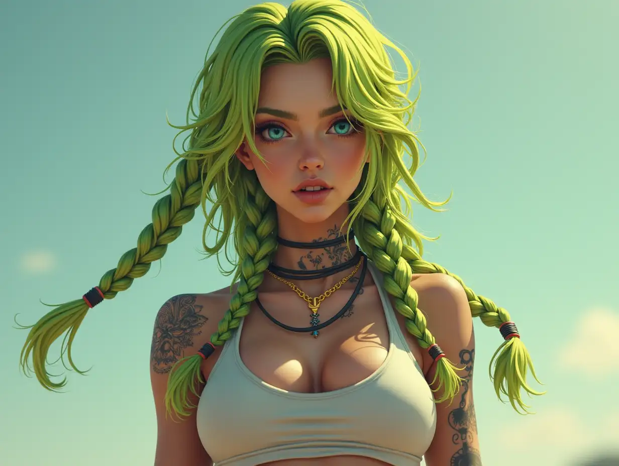 Depiction of a full body beautiful white woman with -tattoo, long mixed green-yellow braided hair in a futuristic style