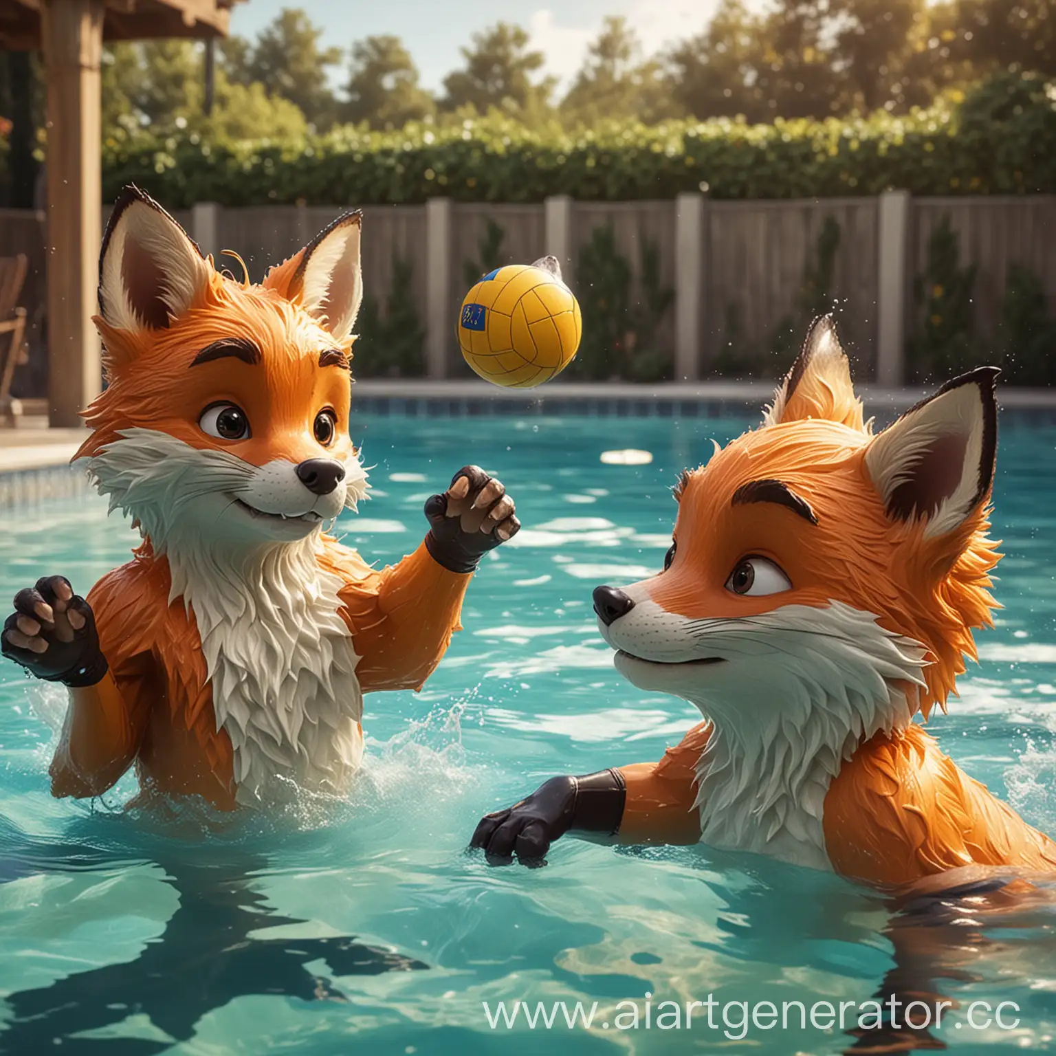 Playful-Foxes-Playing-Water-Polo-in-Pool