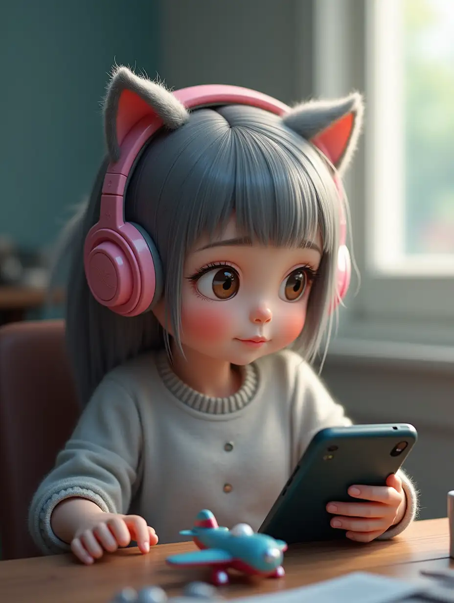 Wireless headphones, phone, toy airplane, grey kitty, Elizabeth, eyelashes master