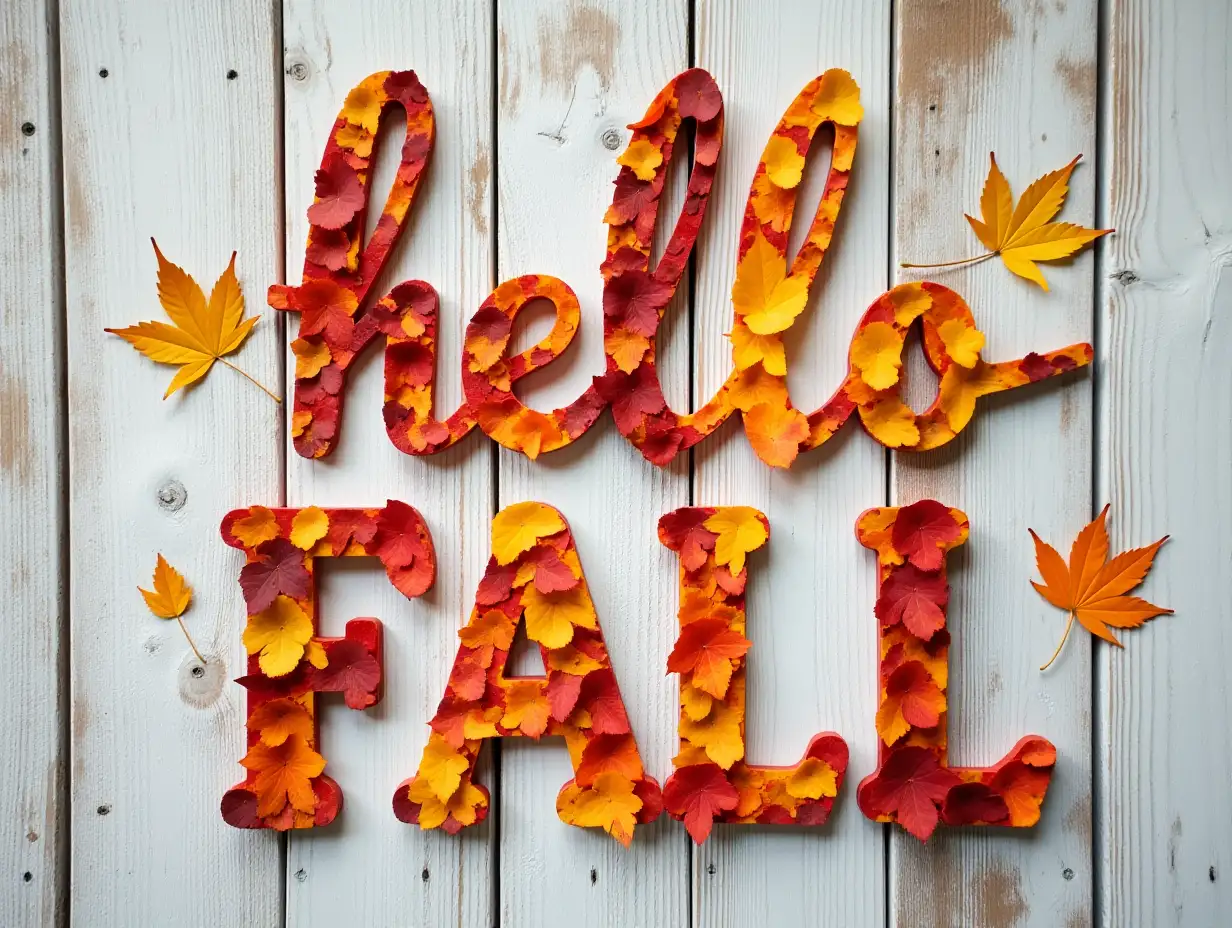 Colorful autumn leaves are creatively arranged to form the words hello fall on a weathered wooden surface, celebrating the beauty of the fall season in a cozy, inviting way.