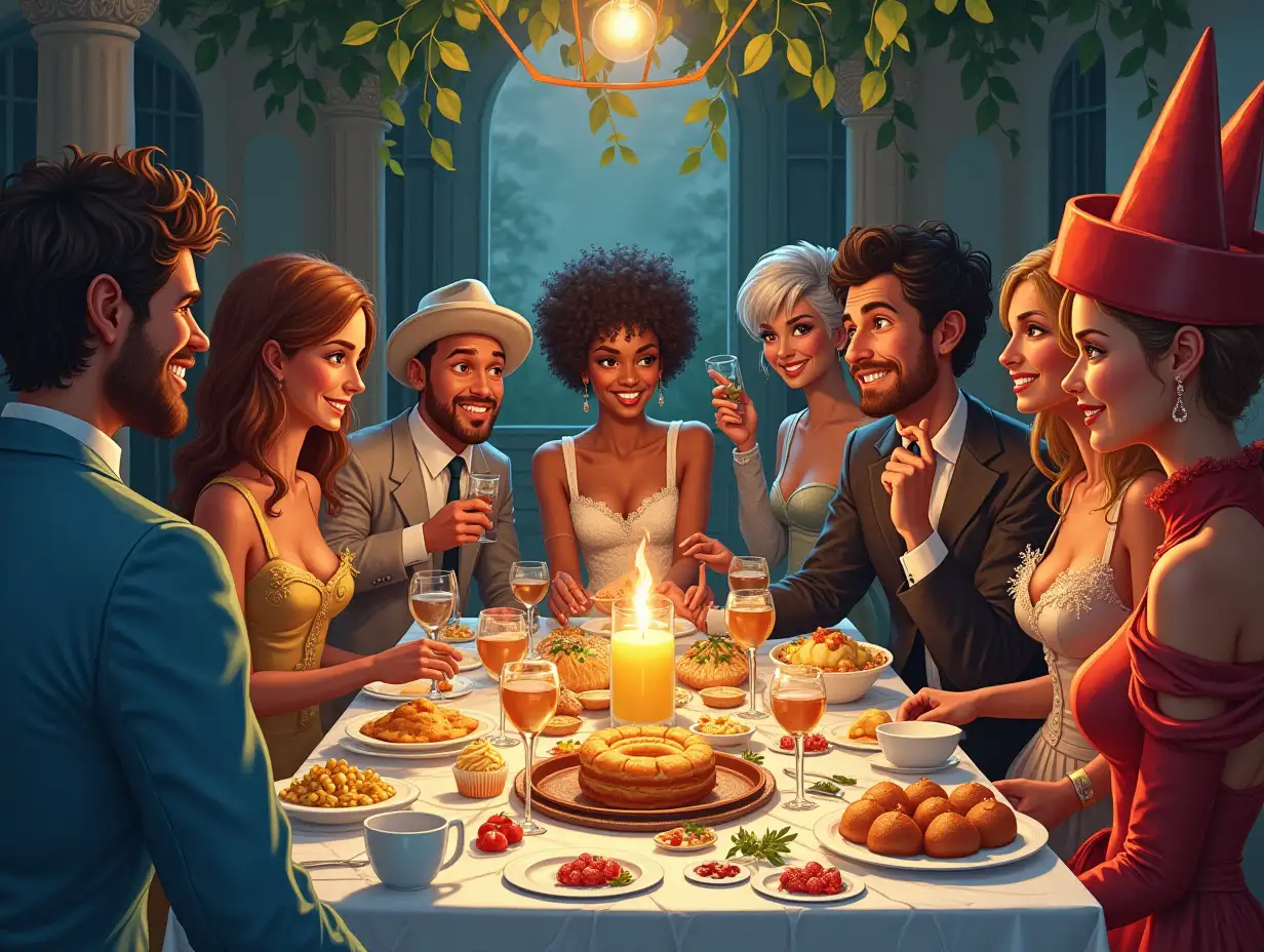 Diverse-Partygoers-at-a-Costume-Party-with-a-Lavish-Food-Table