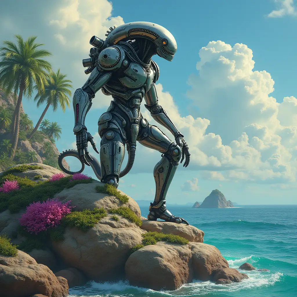 Hyperrealistic portrait of a gpanzerter metal alien king 15 in the sea on a rock with plants meters high with the elaborately detailed, colorful forested planet background