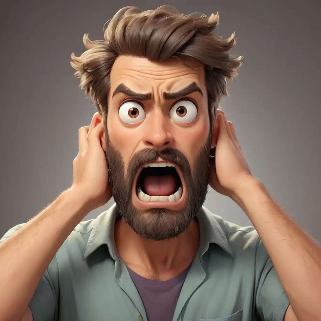 a cartoon handsome man with a beard in shock and holding his head