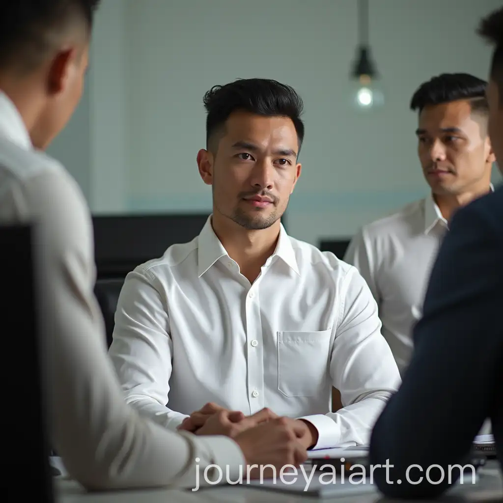 Muscular-Asian-Man-in-Office-Surrounded-by-Colleagues