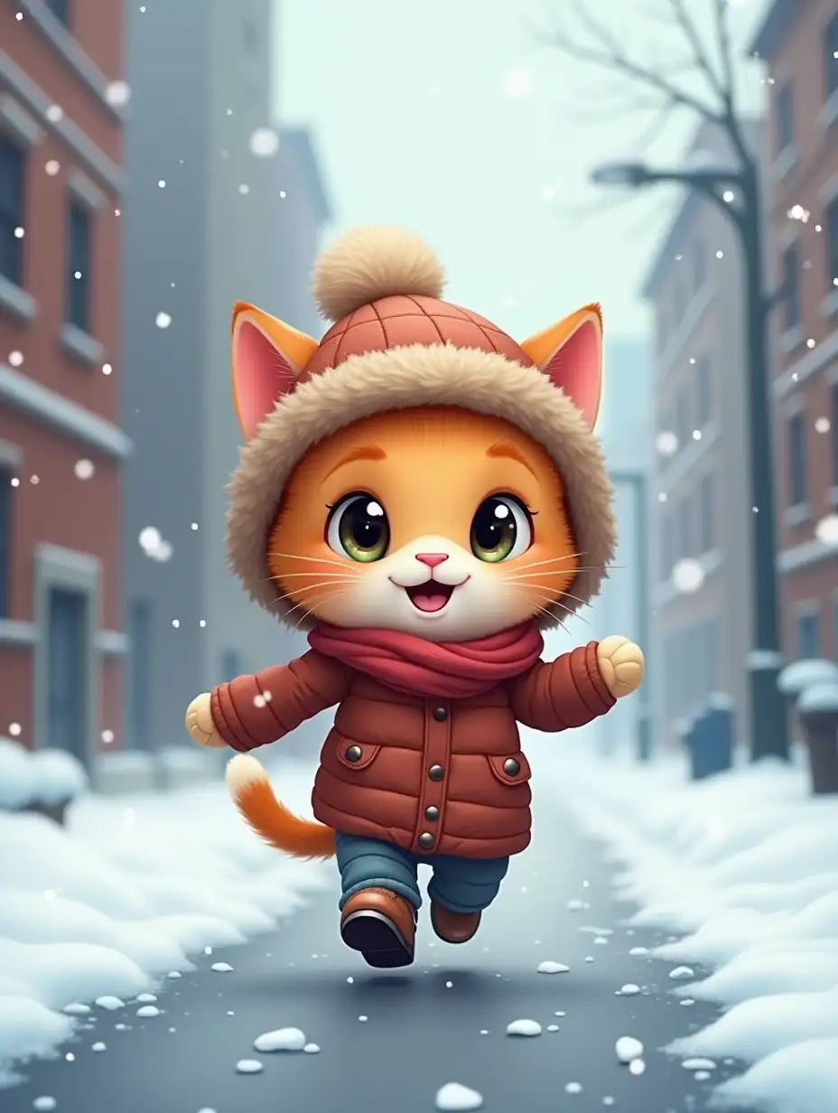 Cartoon kitty, runs along the road, big city. Wearing winter clothes, snow is falling