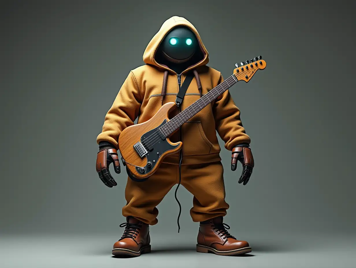 Create a high-resolution, realistic image of a robot with a bulky body, brown leather shoes, a fashionable tracksuit, holding a guitar, and wearing a hoodie in 4K resolution