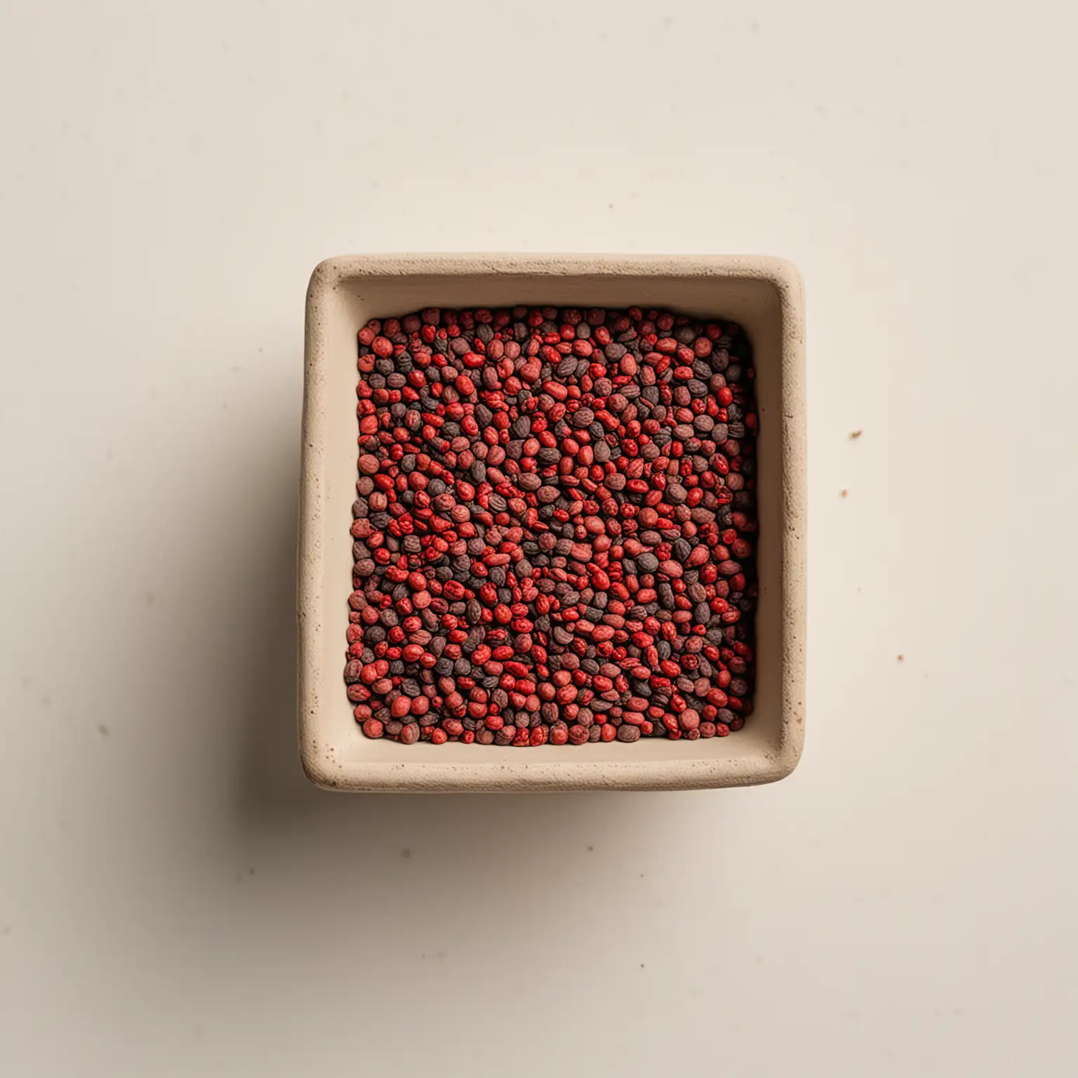 view strictly from above: a small rectangular clay cup filled with sumac seeds. The seeds look like granulated tea, but are dark red in color. White background.