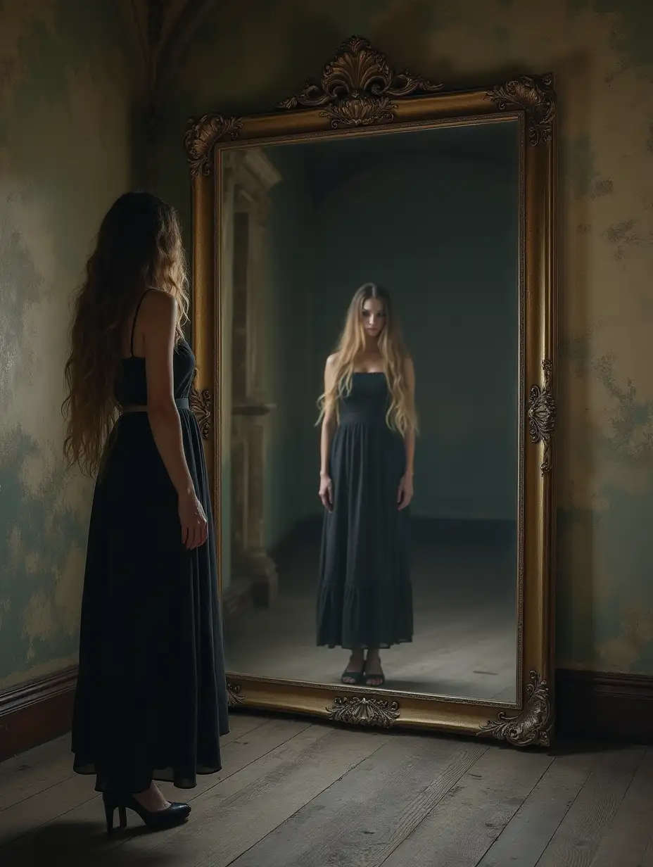 A beautiful girl is standing in front of an old mirror in an abandoned castle