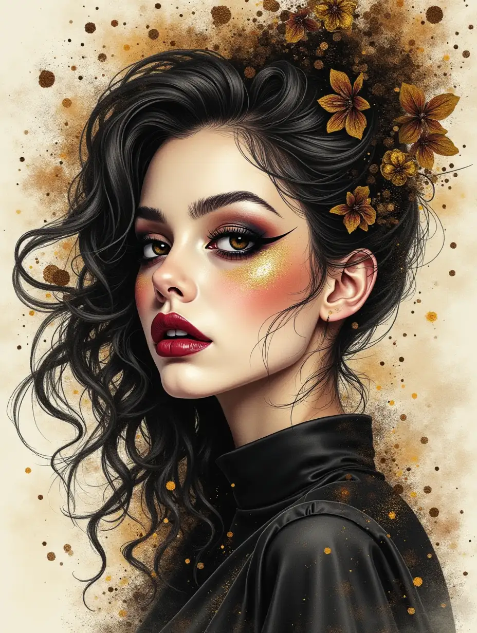 unrealistically beautiful girl scatters into pixels, disintegration, grunge decorations, beautiful complex makeup, parted lips, charismatic look, fashionable pose, fine ink drawing, coal black, wine, gold, khaki, ocher, drawing of details, hyperphotorealism, hyperdetailed, many details, design, high fashion