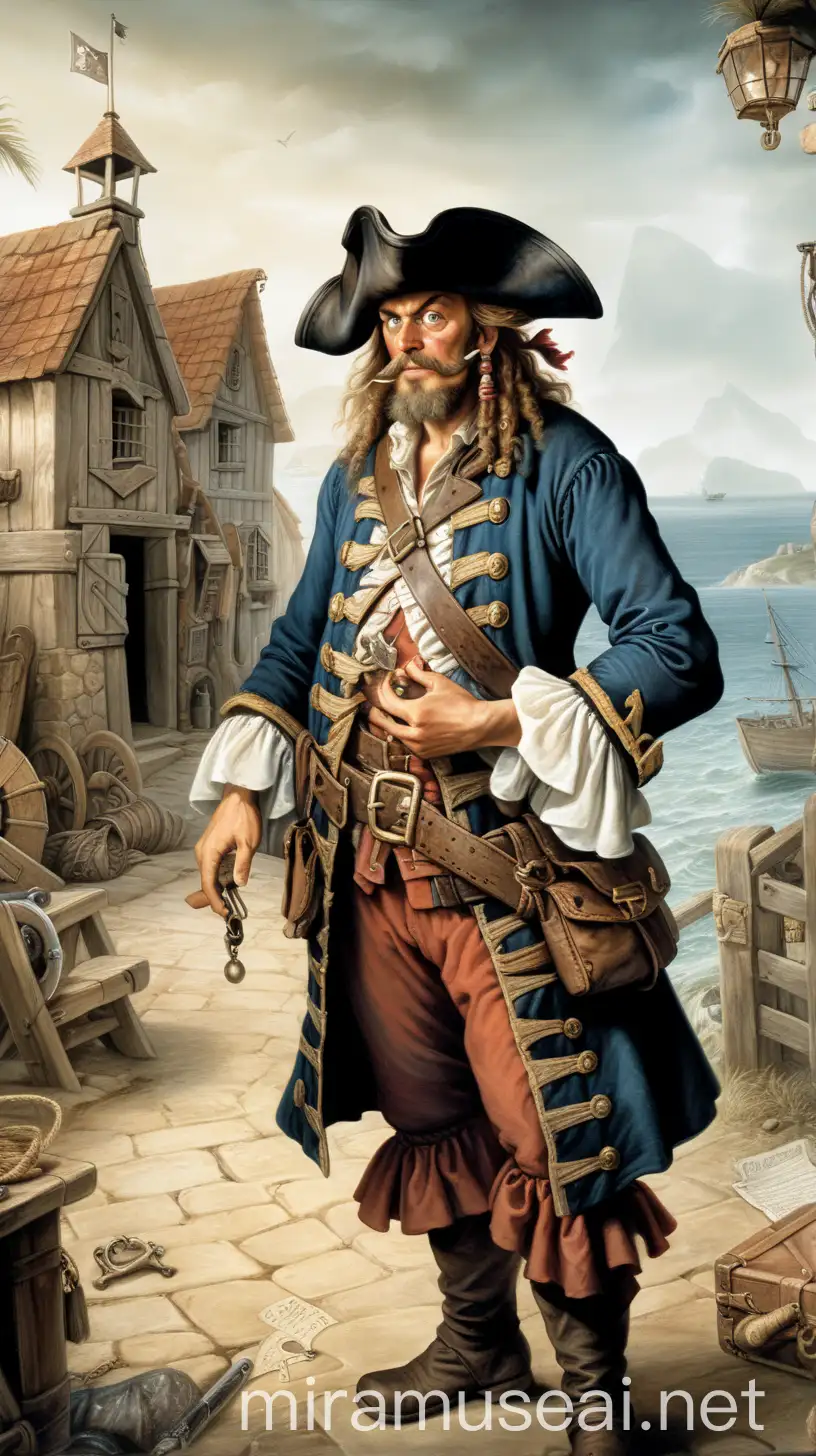 17th Century Pirate Captain with Treasure Map in Coastal Village